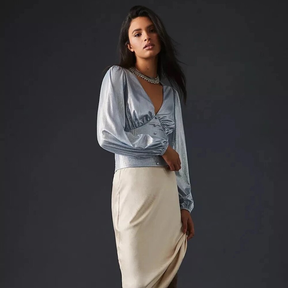 By Anthropologie Flat White Shine Blouse size XS, Light Blue with Silver Shimmer